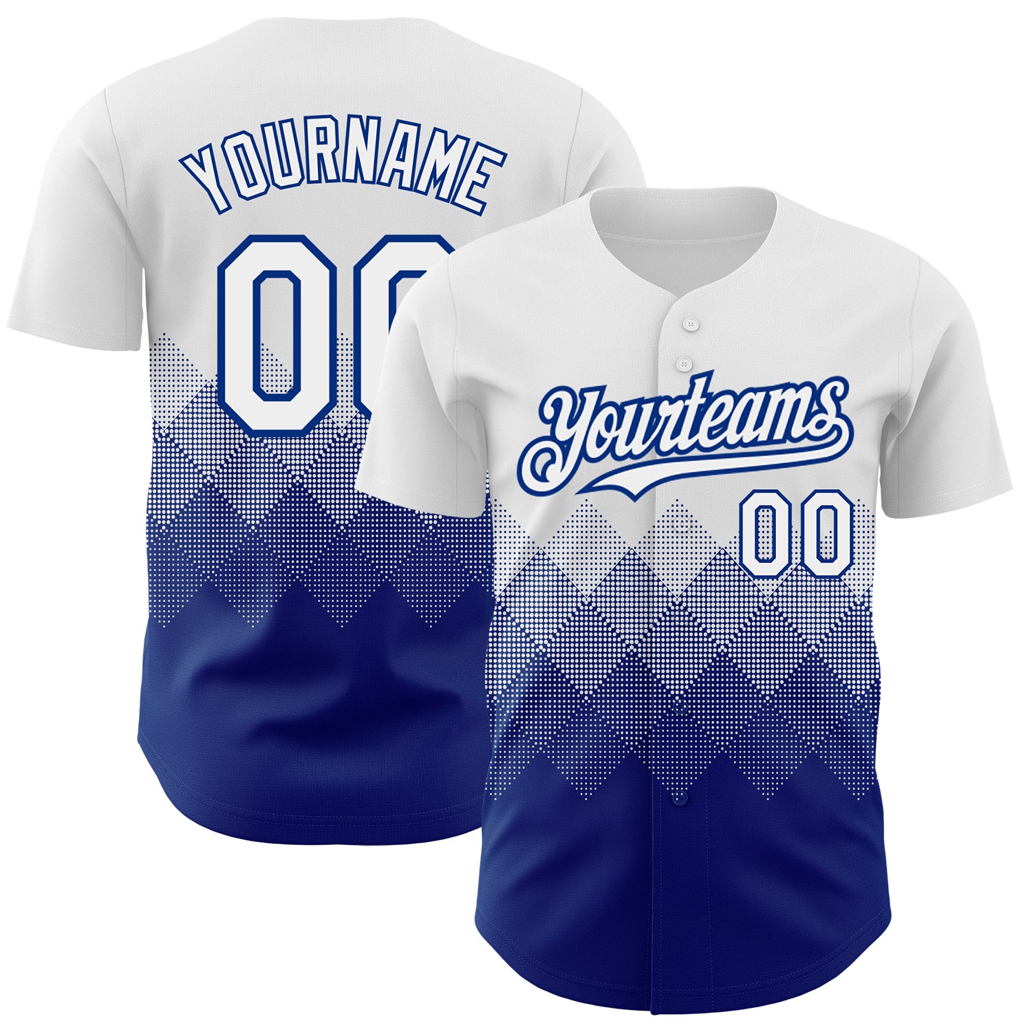 Custom Name and Number Personalized Baseball Jersey - White Royal Gradient 3D Pattern Square Shapes Design Personalized White