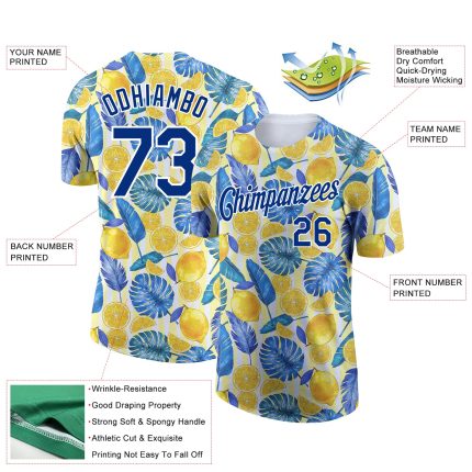 Custom Name and Number Hawaii Tropical Palm Leaves Lemon Performance T-Shirt Personalized White Royal 3D Pattern Design Personalized