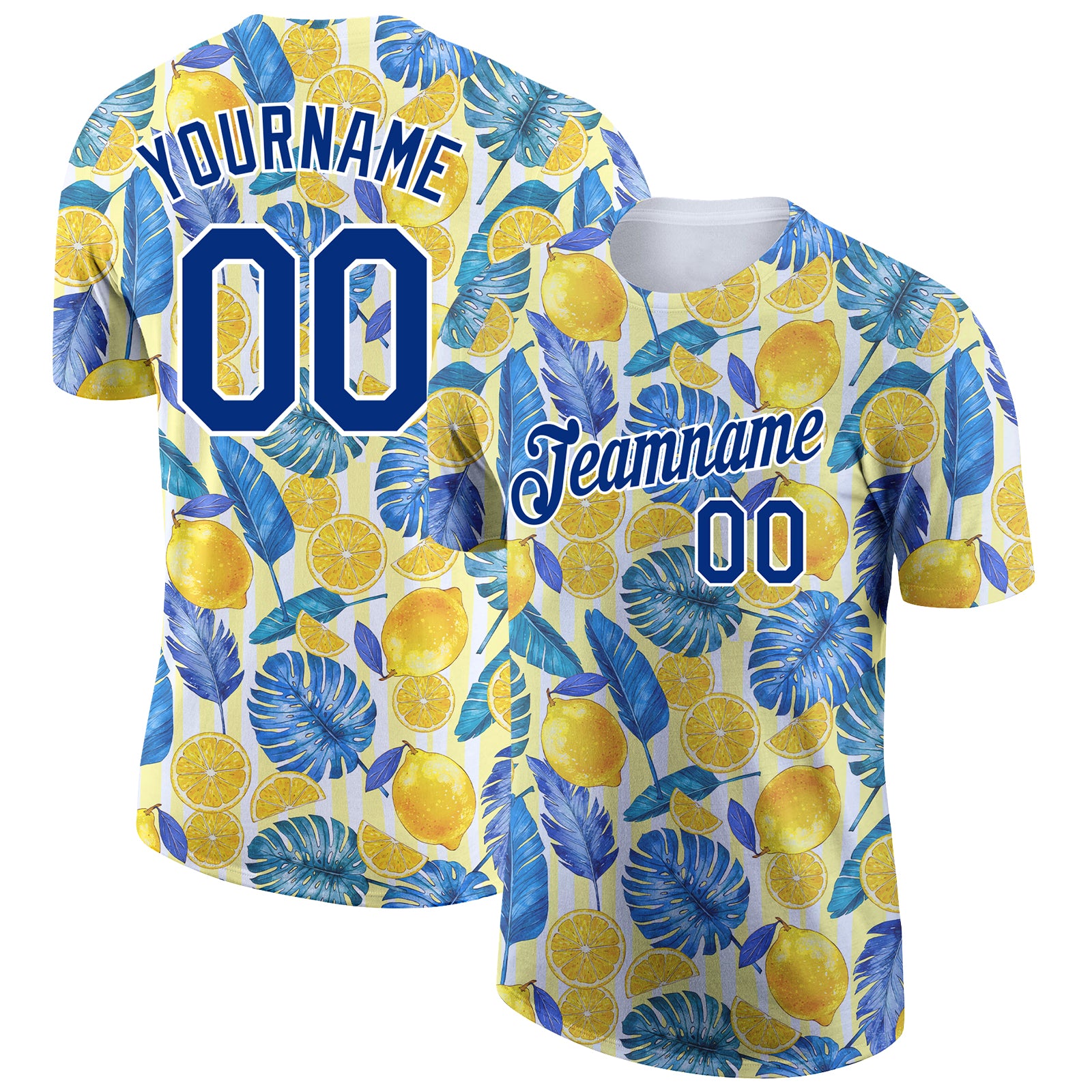 Custom Name and Number Hawaii Tropical Palm Leaves Lemon Performance T-Shirt Personalized White Royal 3D Pattern Design Personalized