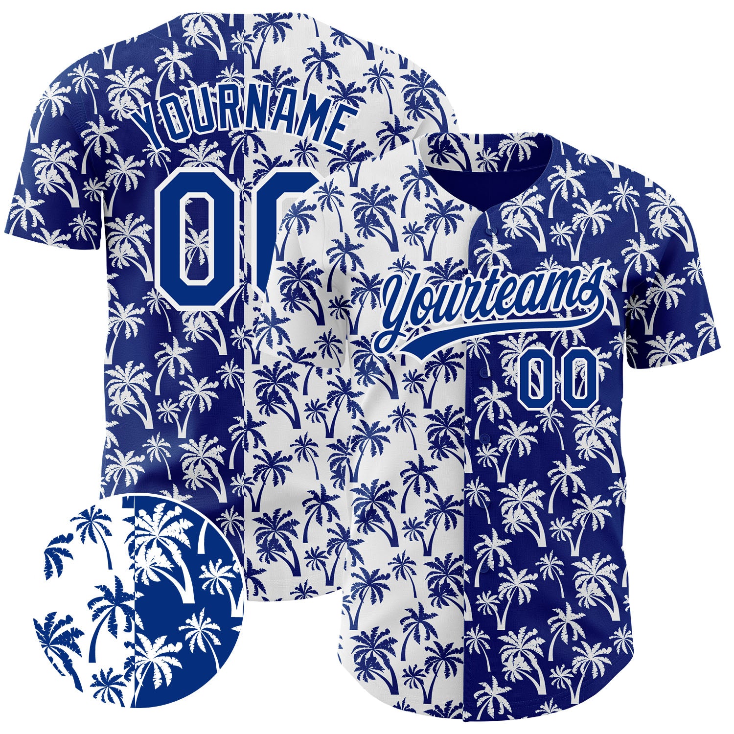 Custom Name and Number Tropical Hawaii Palm Trees 3D Pattern Baseball Jersey - Personalized White Royal Design Personalized