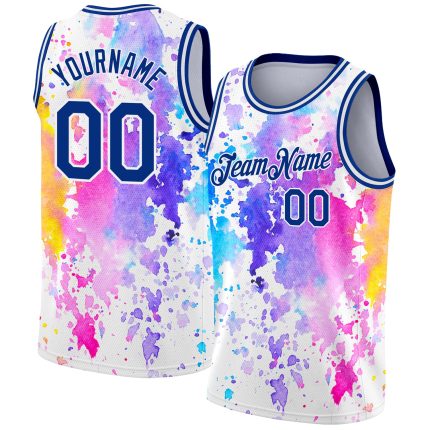 Custom Name Number Basketball Jersey - Personalized White Royal 3D Watercolor Splash Design Personalized White Royal 3D Pattern