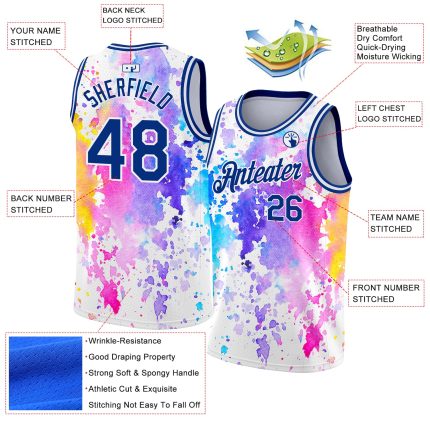 Custom Name Number Basketball Jersey - Personalized White Royal 3D Watercolor Splash Design Personalized White Royal 3D Pattern