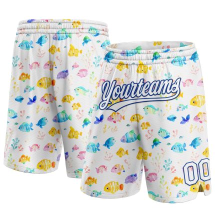 Custom Authentic Basketball Shorts with Personalized Name and Number, White Royal 3D Pattern Fish Design Personalized White