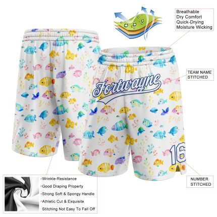 Custom Authentic Basketball Shorts with Personalized Name and Number, White Royal 3D Pattern Fish Design Personalized White