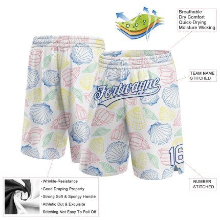 Custom Name and Number Basketball Shorts - Personalized White 3D Sea Shells Design, Authentic Team Gear Personalized White