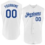 Personalized Authentic Sleeveless Baseball Jersey in White - Custom Team Apparel Personalized White Royal Authentic Sleeveless