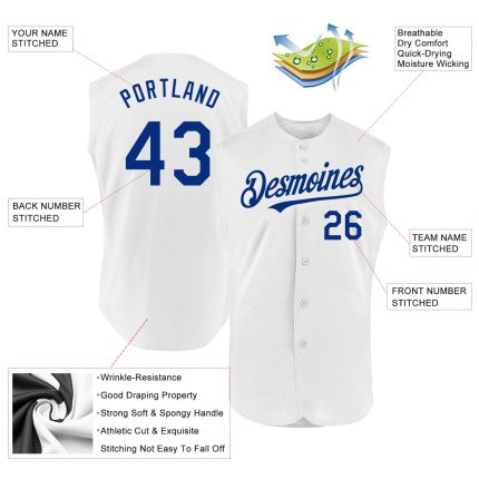 Personalized Authentic Sleeveless Baseball Jersey in White - Custom Team Apparel Personalized White Royal Authentic Sleeveless