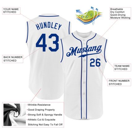Custom Name and Number Personalized White Royal Baseball Jersey Sleeveless Authentic Team Apparel Personalized White Royal