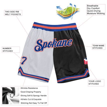 Personalized Royal Black Fashion Basketball Shorts - Authentic Throwback Split Design Personalized White Royal-Black Authentic