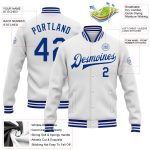Custom Name Number White Royal Varsity Letterman Jacket Personalized Full-Snap Bomber Personalized White Royal Bomber Full-Snap
