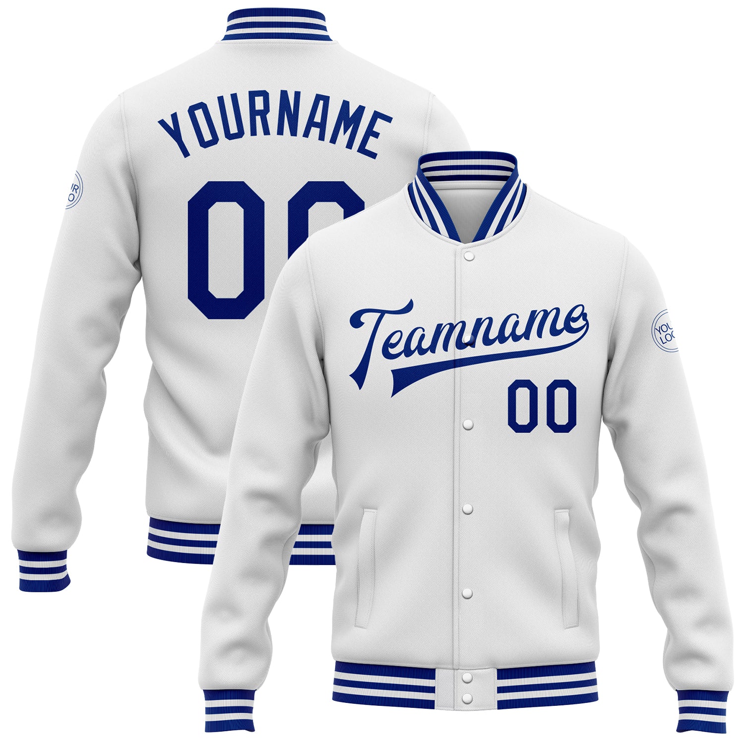 Custom Name Number White Royal Varsity Letterman Jacket Personalized Full-Snap Bomber Personalized White Royal Bomber Full-Snap