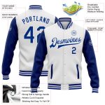 Custom Name and Number Two Tone Royal Bomber Full-Snap Varsity Jacket - Personalized White Letterman Jacket Personalized