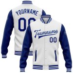 Custom Name and Number Two Tone Royal Bomber Full-Snap Varsity Jacket - Personalized White Letterman Jacket Personalized