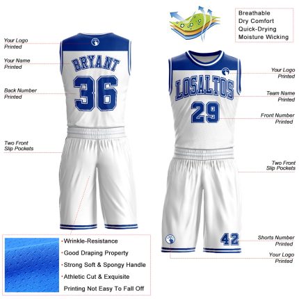 Personalized Sublimation Basketball Jersey in White and Royal Color Block, Round Neck Design Personalized White Royal Color