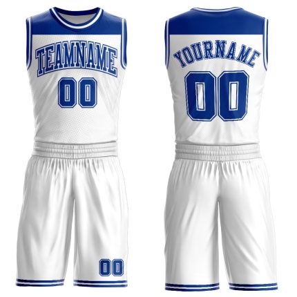Personalized Sublimation Basketball Jersey in White and Royal Color Block, Round Neck Design Personalized White Royal Color