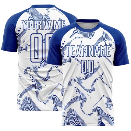Custom Name and Number Soccer Jersey - Personalized White Royal Curve Lines Sublimation Uniform Personalized White Royal
