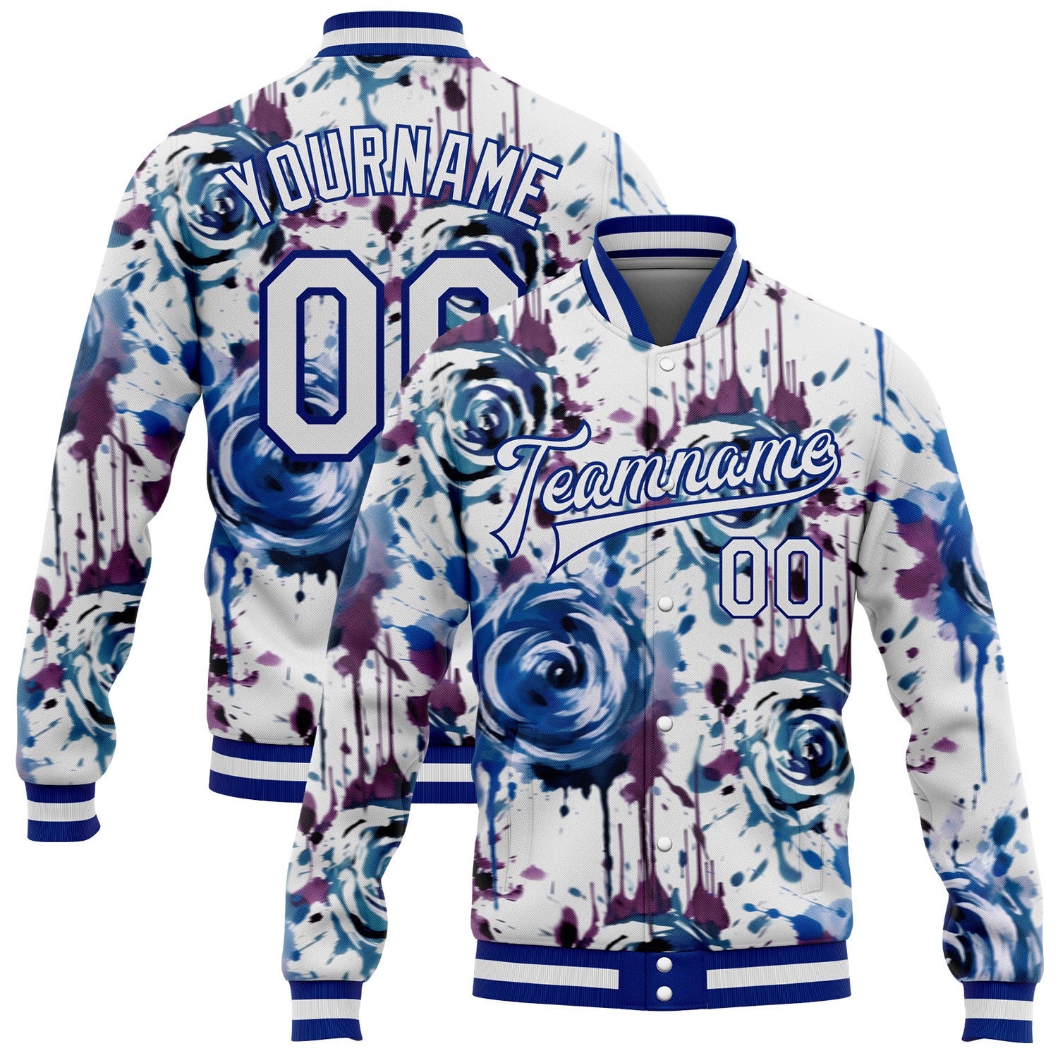 Custom Name and Number Personalized Rose 3D Pattern Varsity Jacket White Royal Drip Painting Bomber Full-Snap Design Personalized