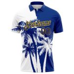 Custom Name Number Hawaii Coconut Trees Golf Polo Shirt - Personalized White Gold 3D Pattern Design Personalized White Royal-Gold