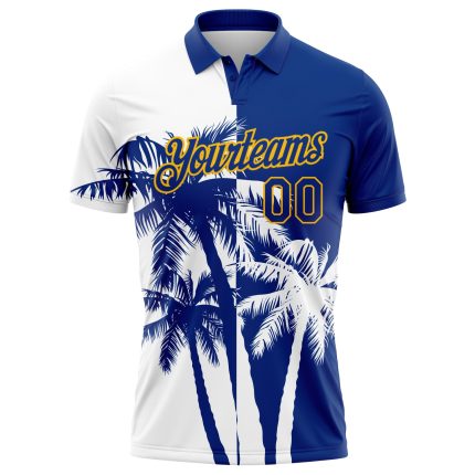 Custom Name Number Hawaii Coconut Trees Golf Polo Shirt - Personalized White Gold 3D Pattern Design Personalized White Royal-Gold