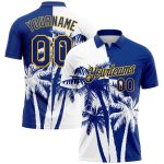 Custom Name Number Hawaii Coconut Trees Golf Polo Shirt - Personalized White Gold 3D Pattern Design Personalized White Royal-Gold