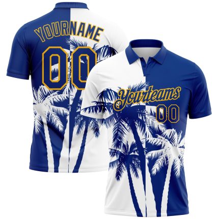 Custom Name Number Hawaii Coconut Trees Golf Polo Shirt - Personalized White Gold 3D Pattern Design Personalized White Royal-Gold