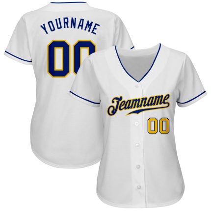 Personalized Authentic Baseball Jersey in White with Royal-Gold Detailing Personalized White Royal-Gold Authentic Baseball
