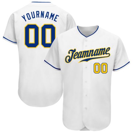 Personalized Authentic Baseball Jersey in White with Royal-Gold Detailing Personalized White Royal-Gold Authentic Baseball