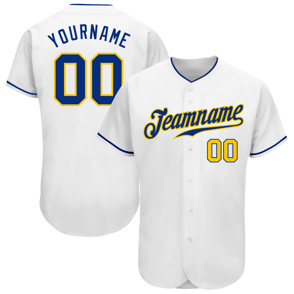 Personalized Authentic Baseball Jersey in White with Royal-Gold Detailing Personalized White Royal-Gold Authentic Baseball