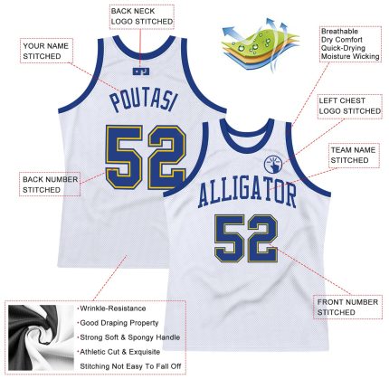 Custom Name and Number Authentic Throwback Basketball Jersey - Personalized White Royal-Gold Team Jersey Personalized White