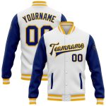 Custom Team Name Number Bomber Varsity Letterman Jacket - Personalized White Royal-Gold Two Tone Full-Snap Personalized White