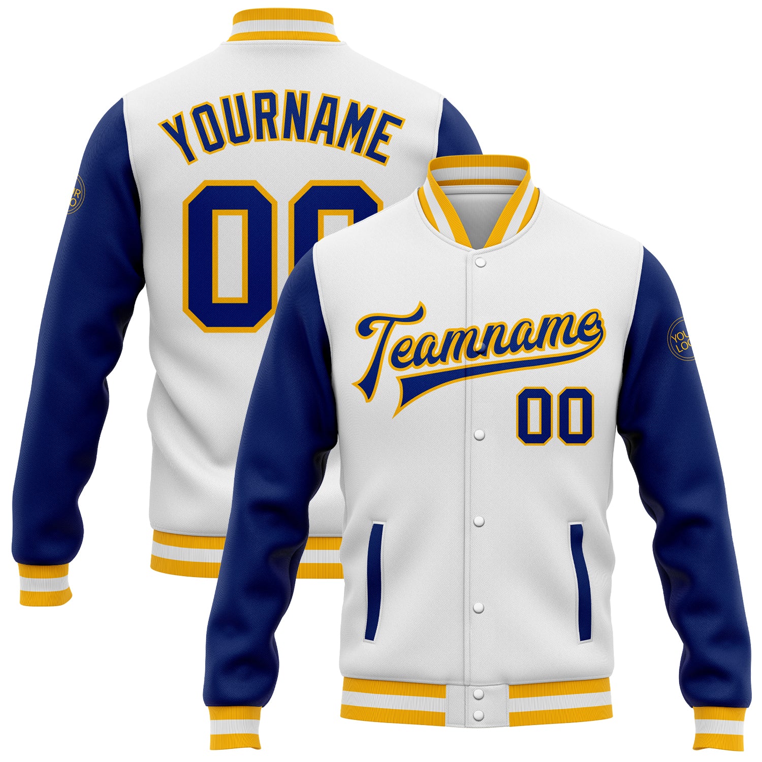 Custom Team Name Number Bomber Varsity Letterman Jacket - Personalized White Royal-Gold Two Tone Full-Snap Personalized White