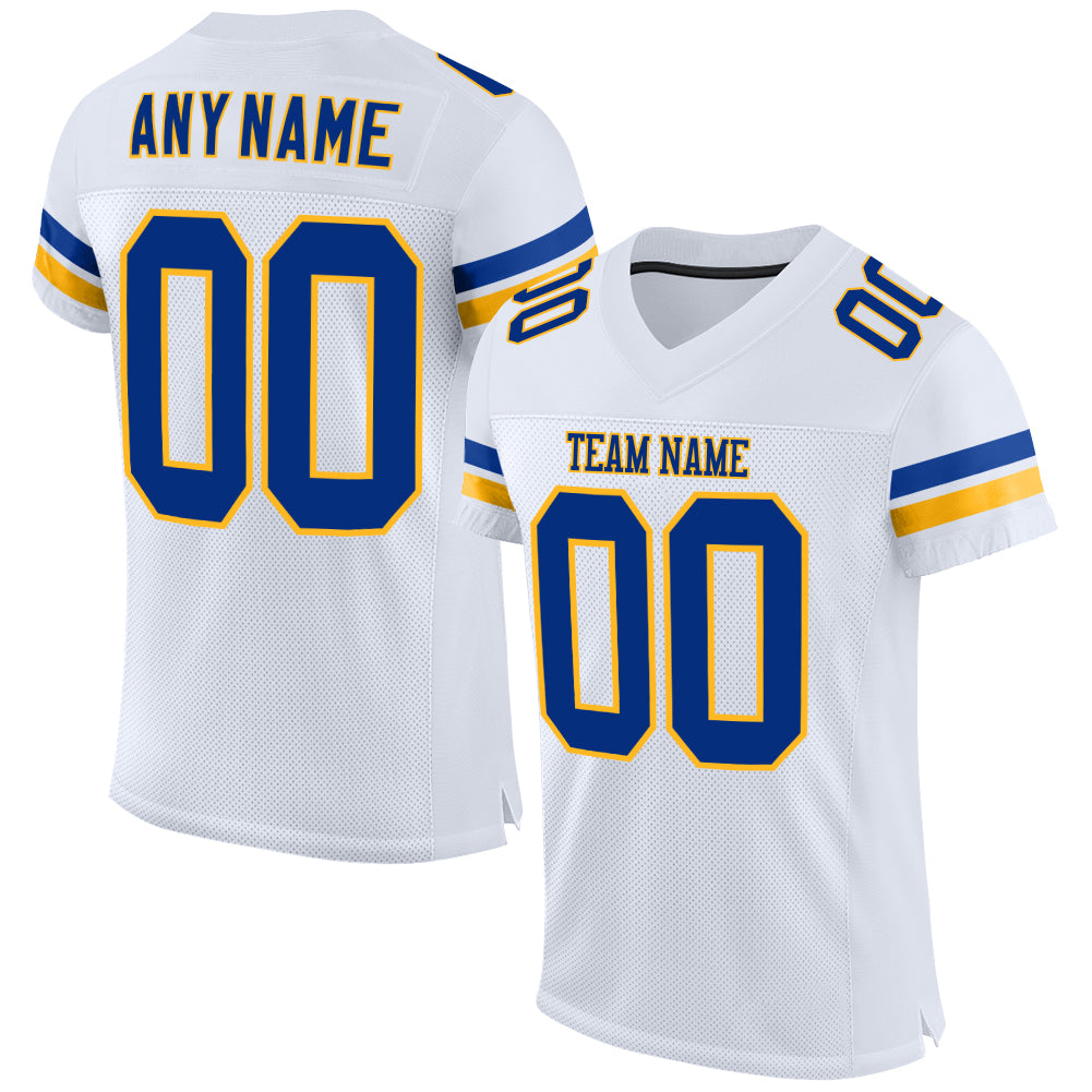 Custom Name and Number Authentic Football Jersey - Personalized White Royal-Gold Mesh Design Personalized White Royal-Gold