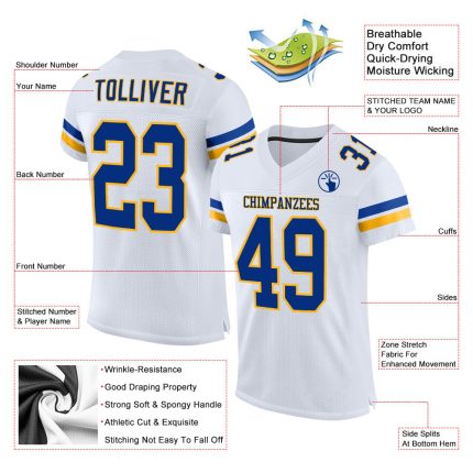 Custom Name and Number Authentic Football Jersey - Personalized White Royal-Gold Mesh Design Personalized White Royal-Gold