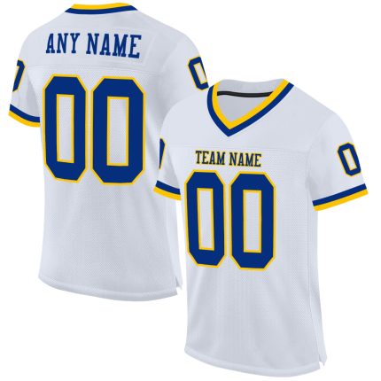 Custom Personalized Throwback Football Jersey with Royal-Gold Mesh - Authentic Team Name & Number Personalized White Royal-Gold