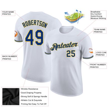 Custom Team Name and Number Performance T-Shirt - Personalized White Royal-Gold Apparel Personalized White Royal-Gold Performance