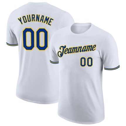 Custom Team Name and Number Performance T-Shirt - Personalized White Royal-Gold Apparel Personalized White Royal-Gold Performance