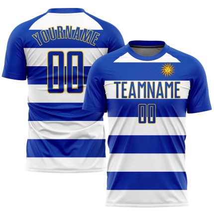 Custom Uruguayan Flag Soccer Jersey with Personalized Name and Number - White Royal-Gold Team Uniform Personalized White