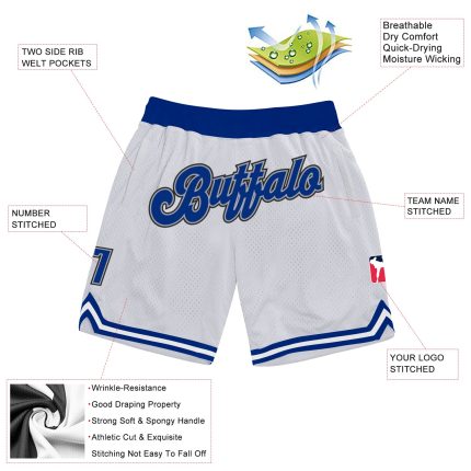 Custom Team Name and Number White Gray Authentic Basketball Shorts - Personalized Throwback Design Personalized White Royal-Gray