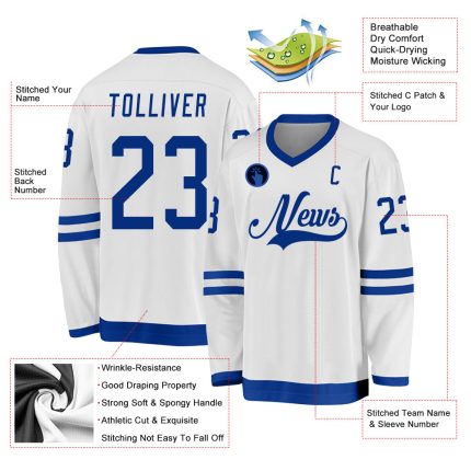 Custom Name and Number Personalized White Royal Hockey Jersey - Team Apparel Personalized White Royal Hockey Jersey Team