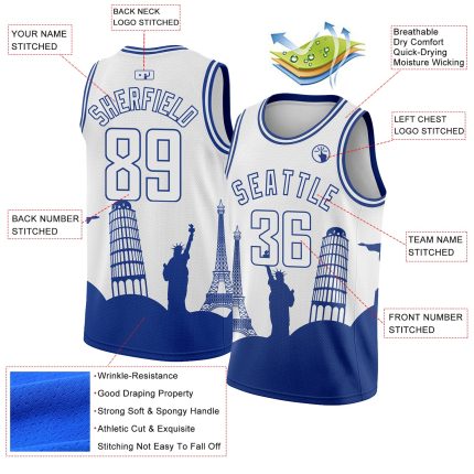 Personalized Holiday Basketball Jersey with Custom Name & Number - White Royal City Edition Monuments Silhouette Team Design