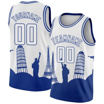 Personalized Holiday Basketball Jersey with Custom Name & Number - White Royal City Edition Monuments Silhouette Team Design