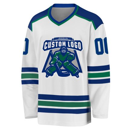 Personalized Hockey Jersey in White and Royal Kelly Green - Custom Team Apparel Personalized White Royal-Kelly Green Hockey