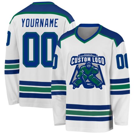 Personalized Hockey Jersey in White and Royal Kelly Green - Custom Team Apparel Personalized White Royal-Kelly Green Hockey