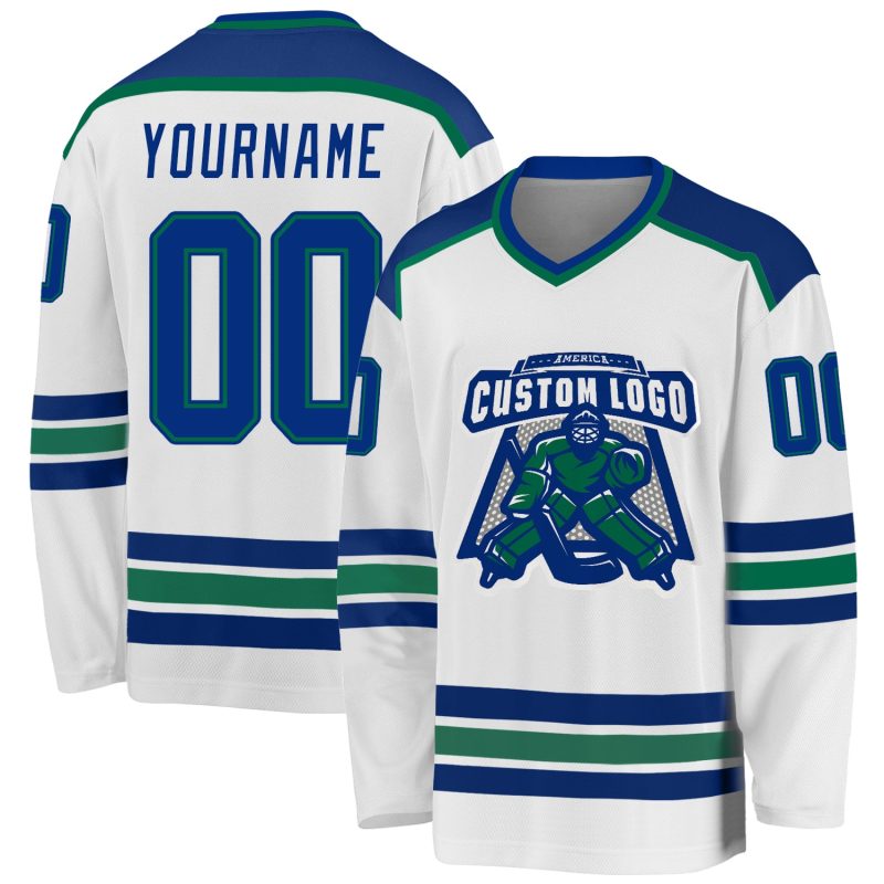 Personalized Hockey Jersey in White and Royal Kelly Green - Custom Team Apparel Personalized White Royal-Kelly Green Hockey