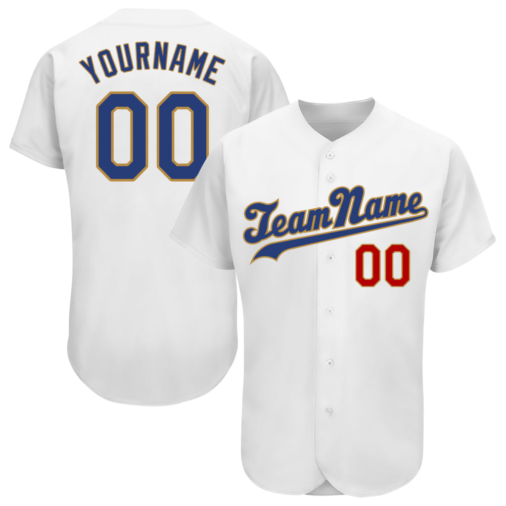 Custom Name and Number Personalized Baseball Jersey in White and Old Gold - Authentic Team Apparel Personalized White Royal-Old