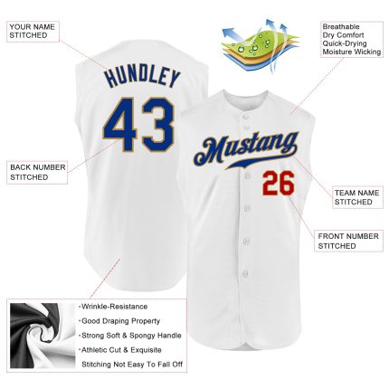 Custom Sleeveless Baseball Jersey with Personalized Name & Number - White Royal Old Gold Authentic Team Jersey Personalized
