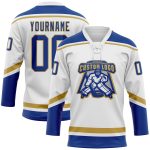 Custom Name and Number White Royal-Old Gold Hockey Jersey - Personalized Lace Neck Team Apparel Personalized White Royal-Old