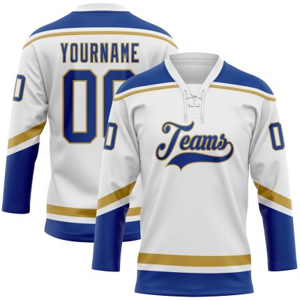 Custom Name and Number White Royal-Old Gold Hockey Jersey - Personalized Lace Neck Team Apparel Personalized White Royal-Old