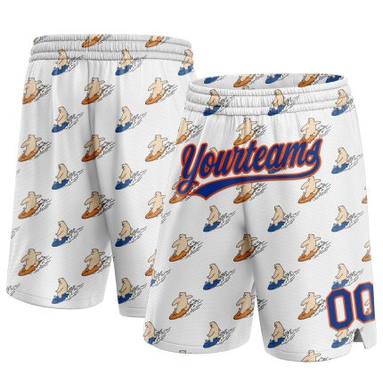 Custom Name and Number Personalized 3D Pattern Bears Basketball Shorts - White Royal-Orange Surfing Style Personalized White