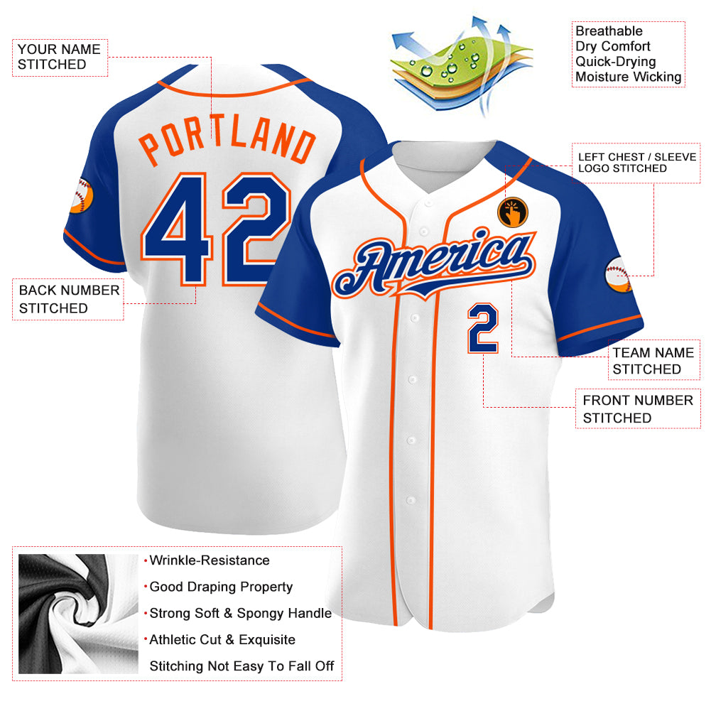 Personalized White Royal-Orange Authentic Raglan Sleeves Baseball Jersey Team Custom Name and Number Custom Team Name Number Personalized Baseball Jersey White Royal Orange Raglan Sleeves Personalized White Royal-Orange Authentic - Image 3